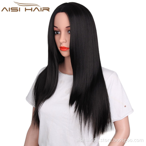 Good Quality Heat Resistant Fiber Wigs For Women Long Silky Straight Style Synthetic Black Color Wigs